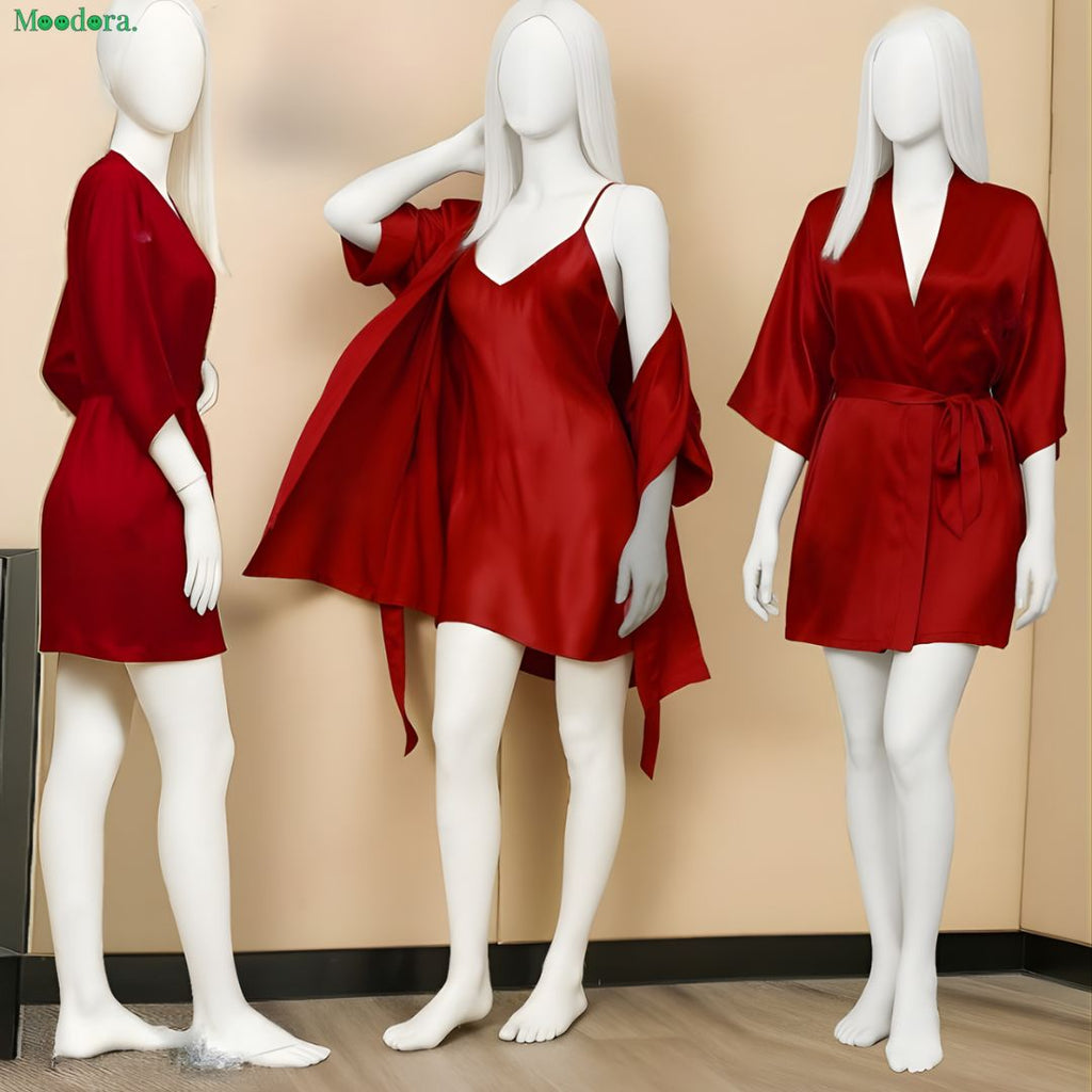 Moodora Premium Satin Sleepwear Set – Robe &amp; Spaghetti Strap Nightdress