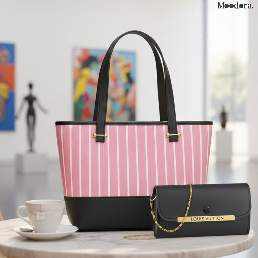 Moodora Chic Pink Striped Tote & Chain Clutch Set (2-Piece)