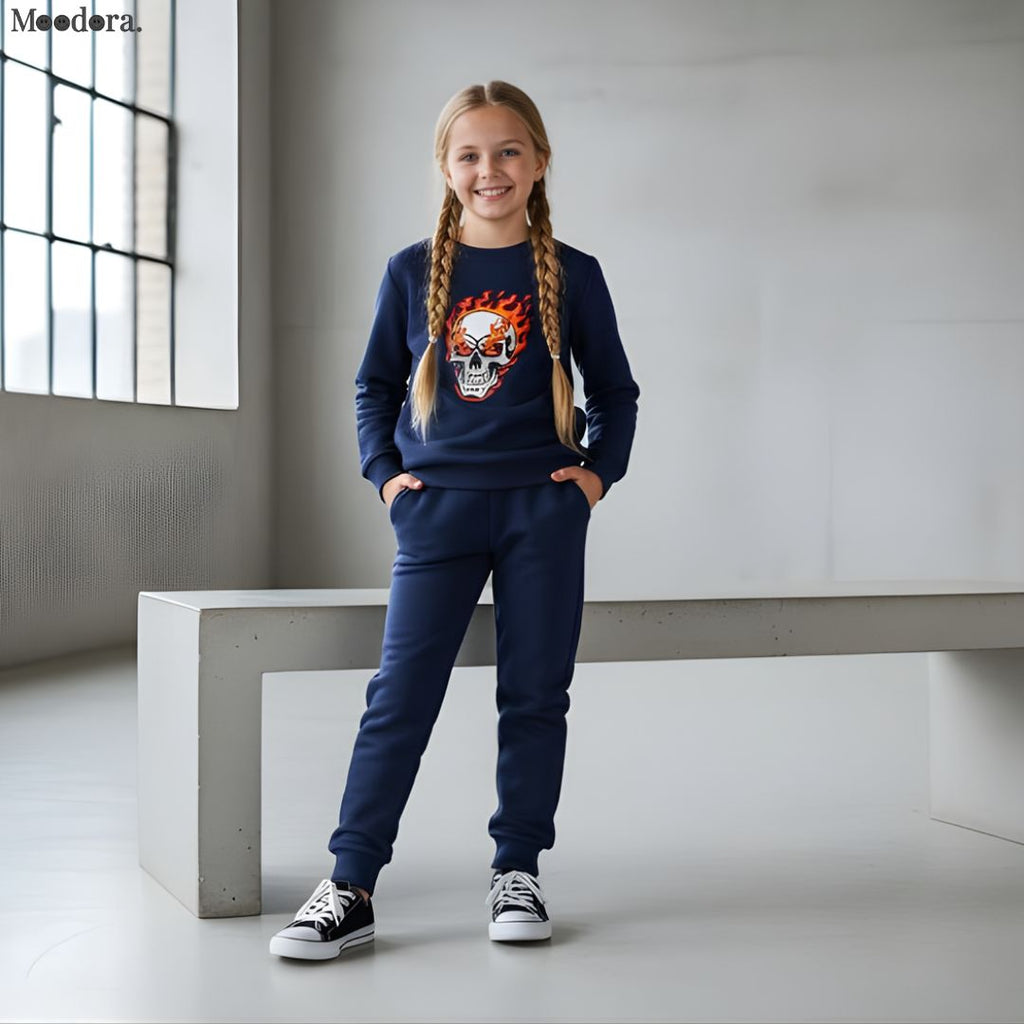 Moodora Kids Navy Blue Ghost Skull Printed Fleece Tracksuit Set