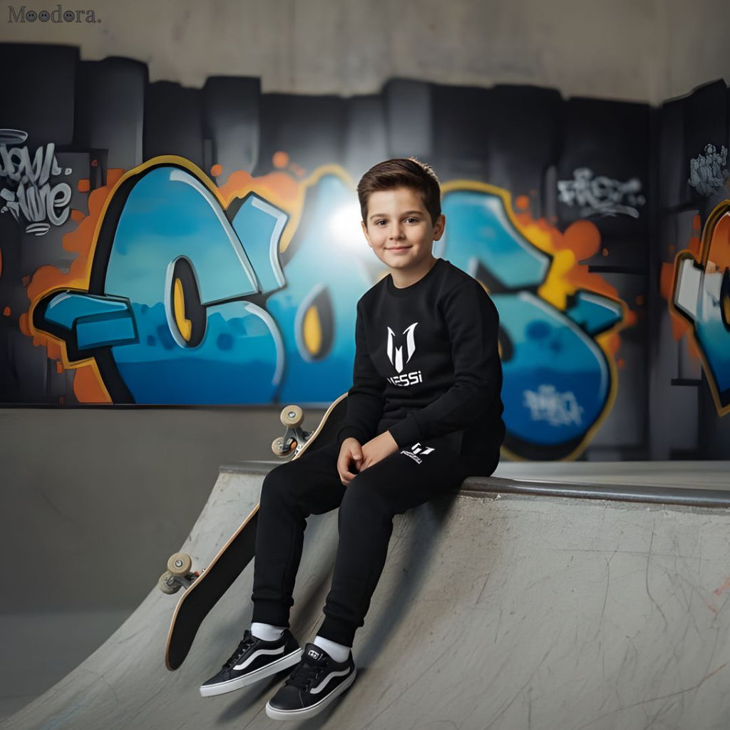 Moodora Kids Missi Printed Black Tracksuit Set – Warm Fleece Sweatshirt & Trouser