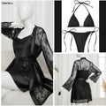Moodora 4 Piece Transparent Net Gown Set – Lace Robe, Silk Inner, Bra &amp; Panty
