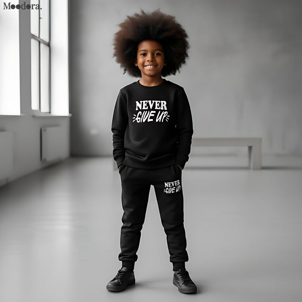 Moodora Kids “Never Give Up” Printed Black Tracksuit Set – Warm Fleece Sweatshirt & Trouser