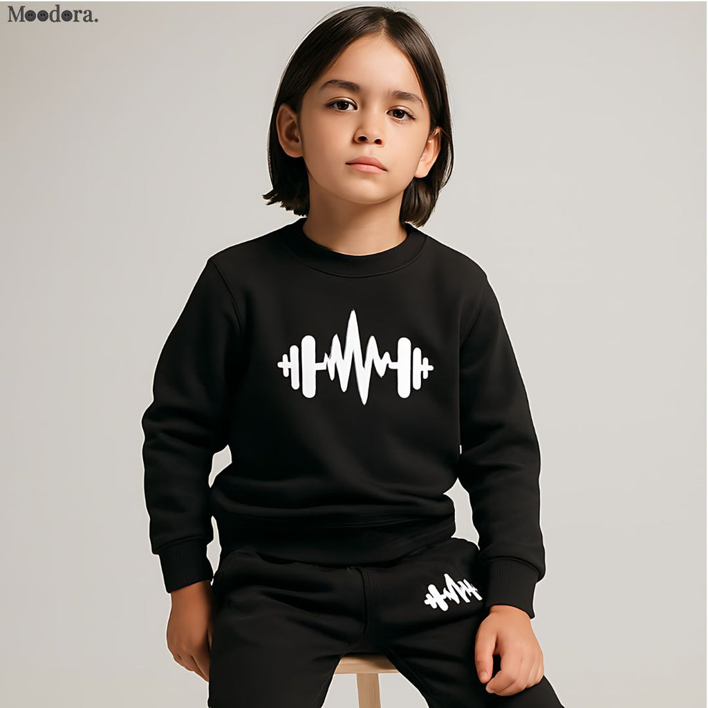 Moodora Black Cross Printed Kids Fleece Tracksuit – Warm Sweatshirt & Trousers Set