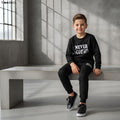 Moodora Kids “Never Give Up” Printed Black Tracksuit Set – Warm Fleece Sweatshirt & Trouser