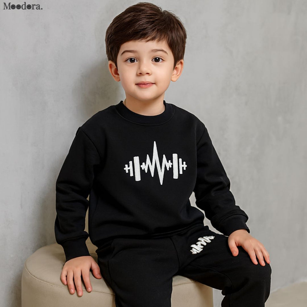 Moodora Black Cross Printed Kids Fleece Tracksuit – Warm Sweatshirt & Trousers Set