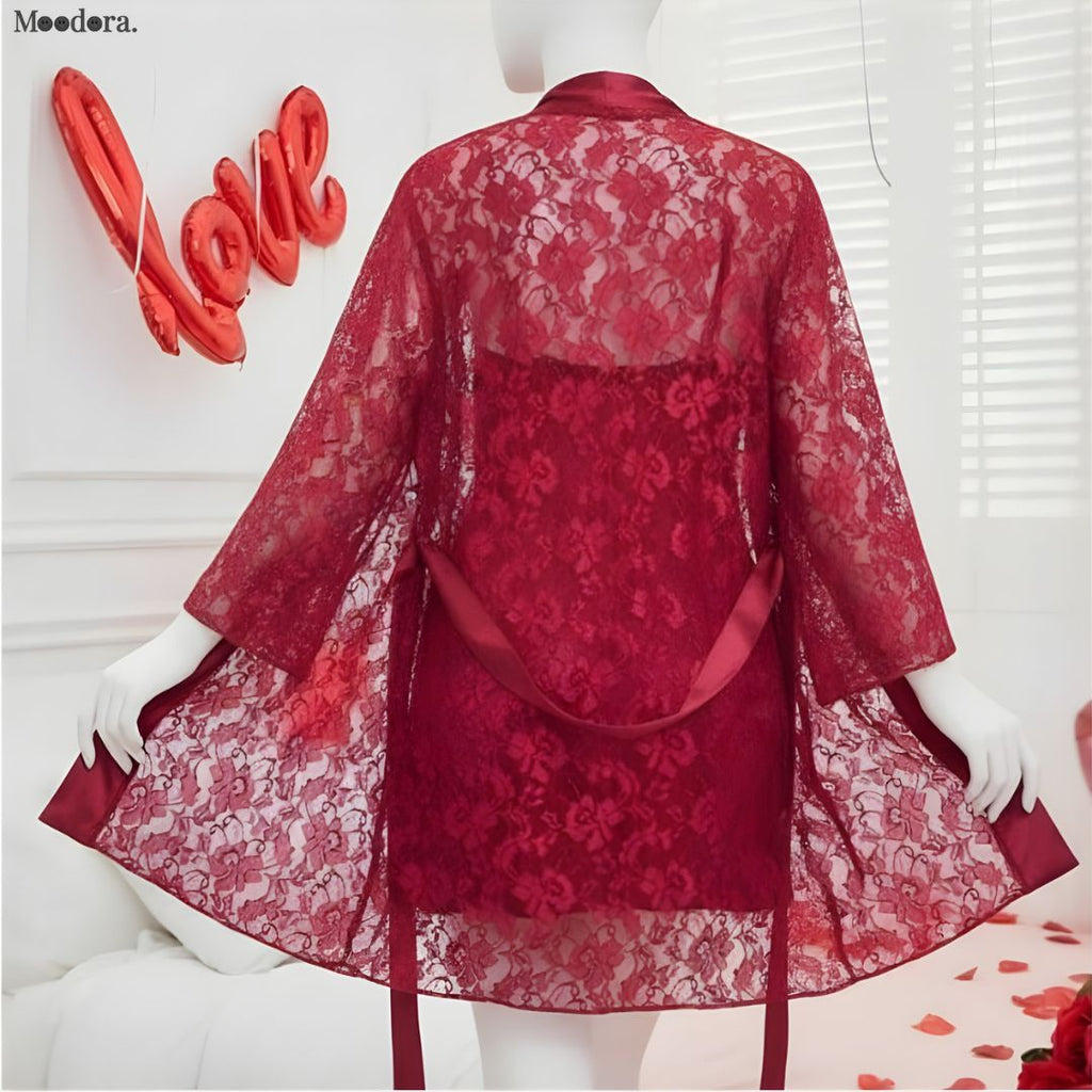 Moodora Soft Lace Robe &amp; Silk Inner – 2 Piece Transparent Net Gown Set