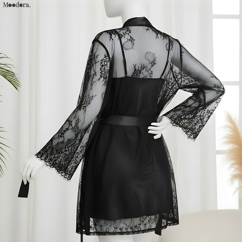 Moodora Soft Lace Robe &amp; Silk Inner – 2 Piece Transparent Net Gown Set