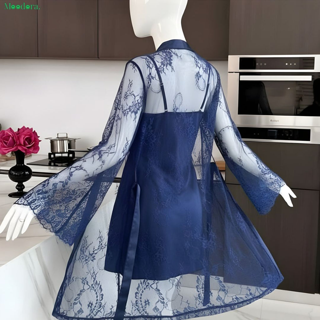 Moodora Soft Lace Robe &amp; Silk Inner – 2 Piece Transparent Net Gown Set
