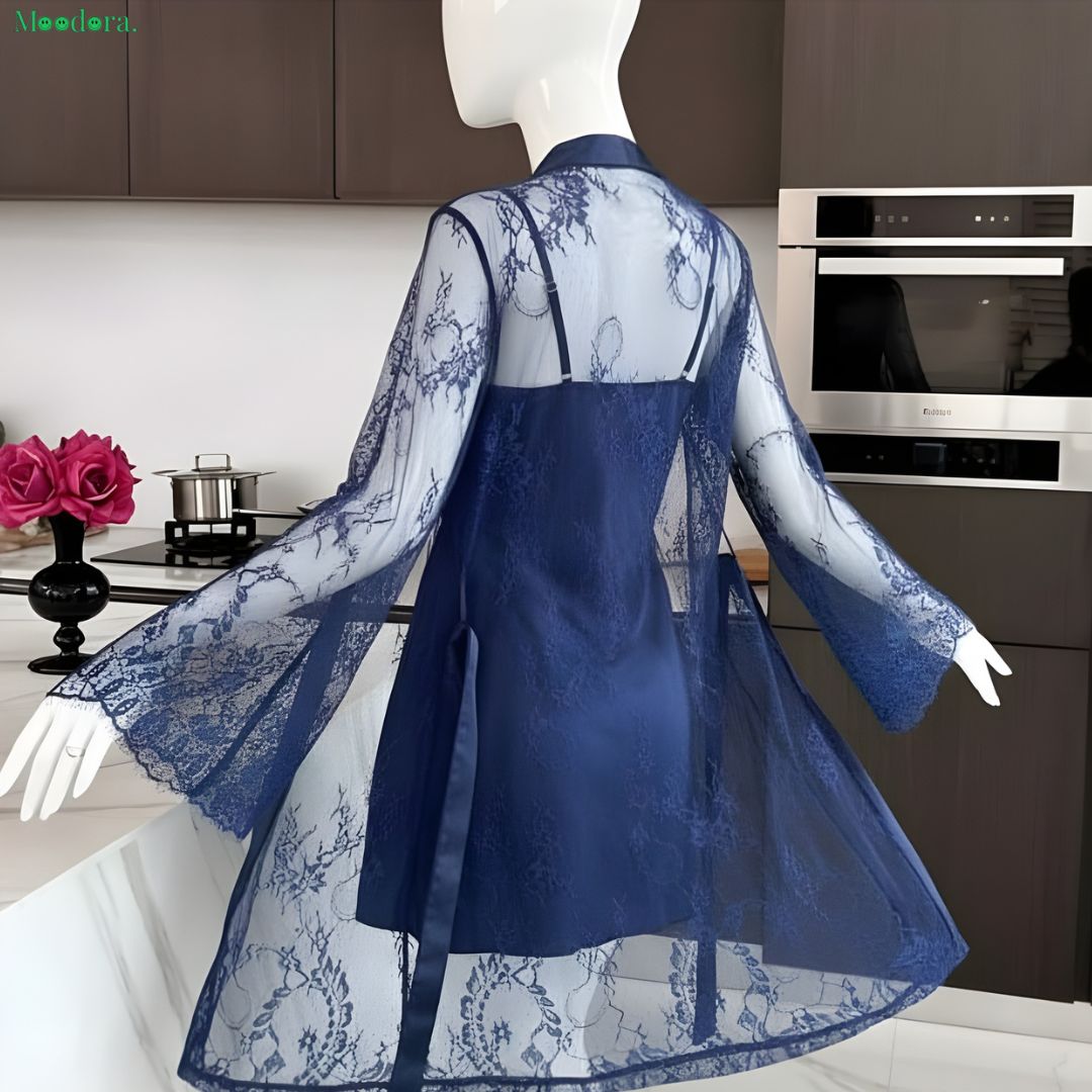 Moodora Soft Lace Robe &amp; Silk Inner – 2 Piece Transparent Net Gown Set