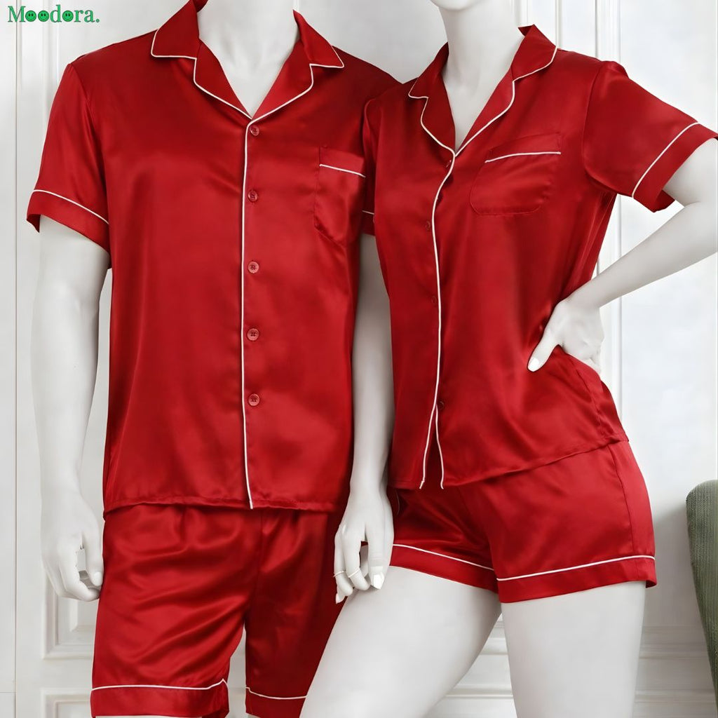 Moodora Couple Silk Pajama Set – Short Sleeve & Shorts (4 Pcs)