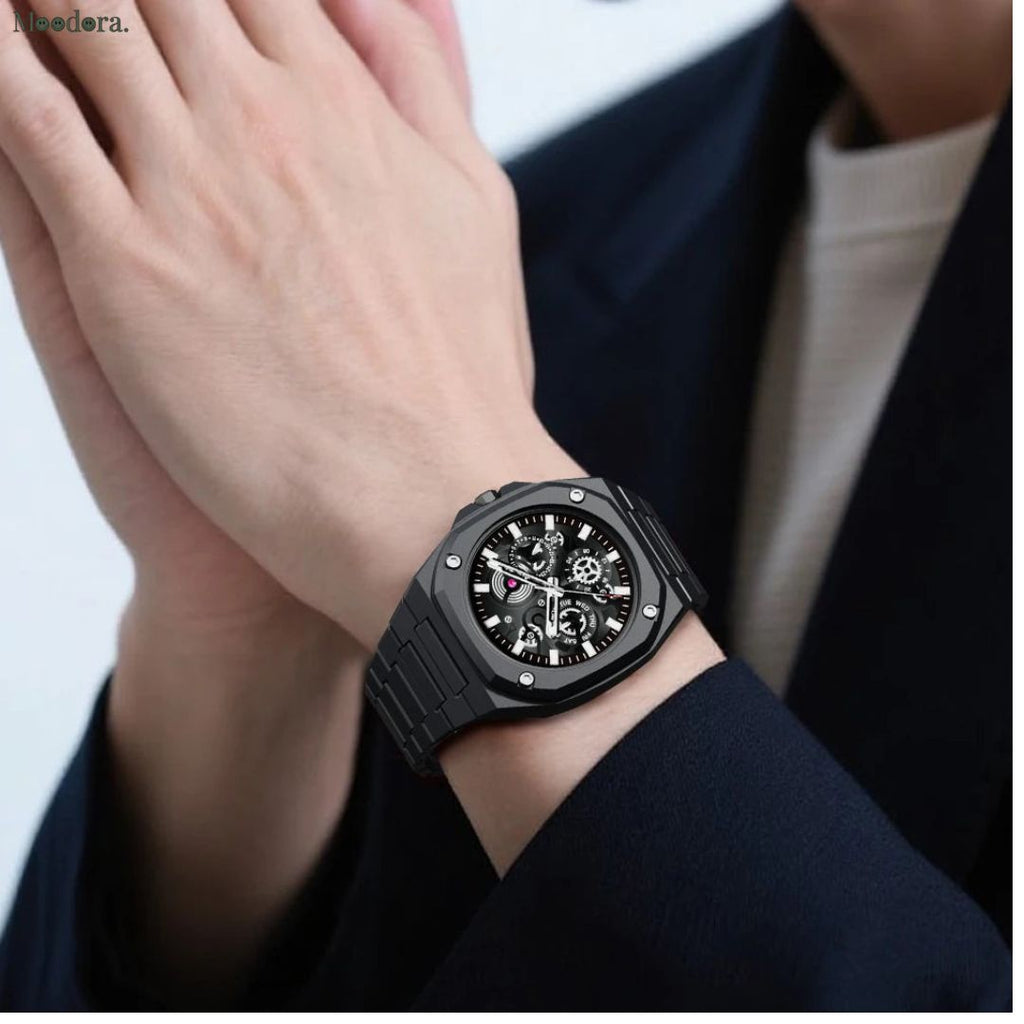 Moodora Black Stainless Steel Men’s Watch – Luxury Multi-Dial Design
