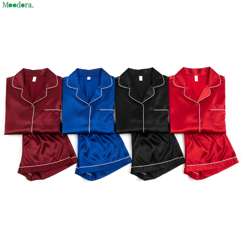 Moodora Couple Silk Pajama Set – Short Sleeve & Shorts (4 Pcs)