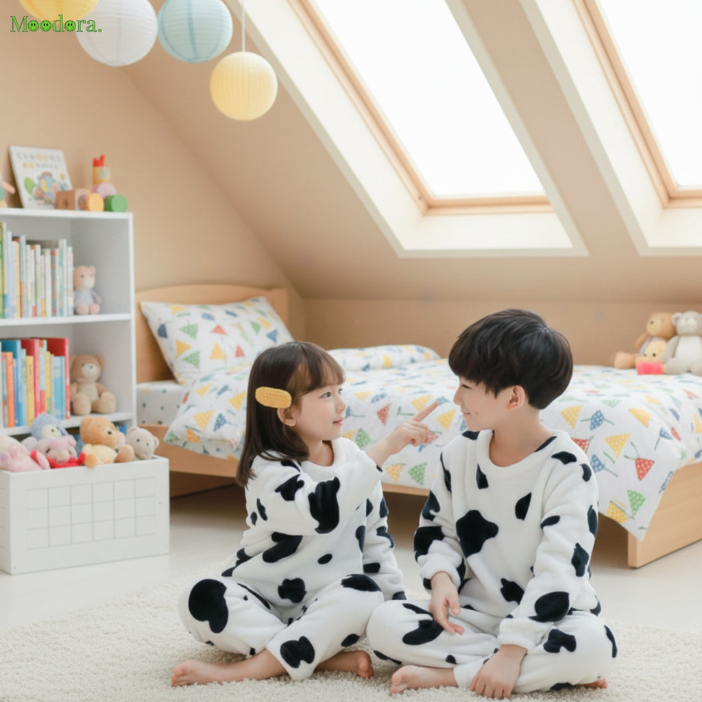 Moodora Ultra-Soft Cow Print Kids Pajama Set – Plush Fleece Winter Sleepwear