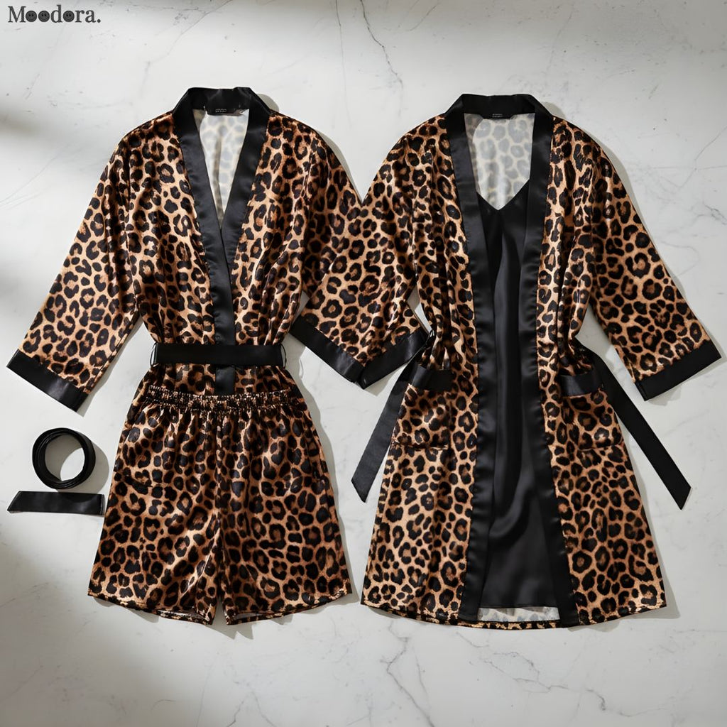 Moodora Couple Leopard Print &amp; Black Satin 4-Pc Sleepwear Set