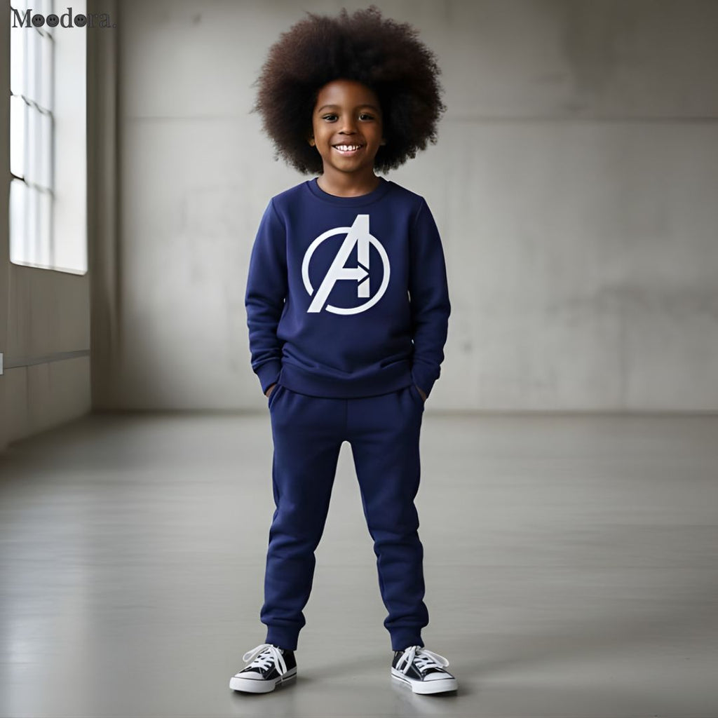 Moodora Avenger Printed Kids Winter Tracksuit – Fleece Sweatshirt & Pajama Set