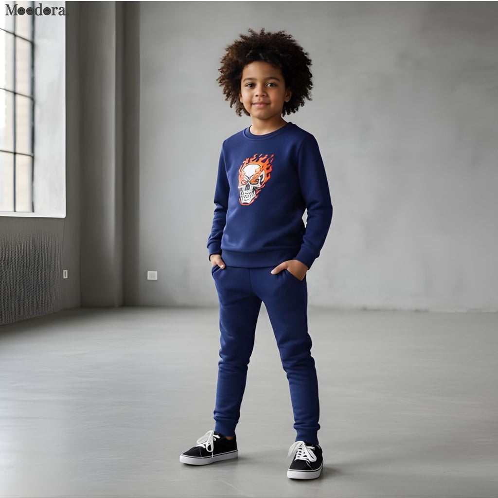 Moodora Kids Navy Blue Ghost Skull Printed Fleece Tracksuit Set