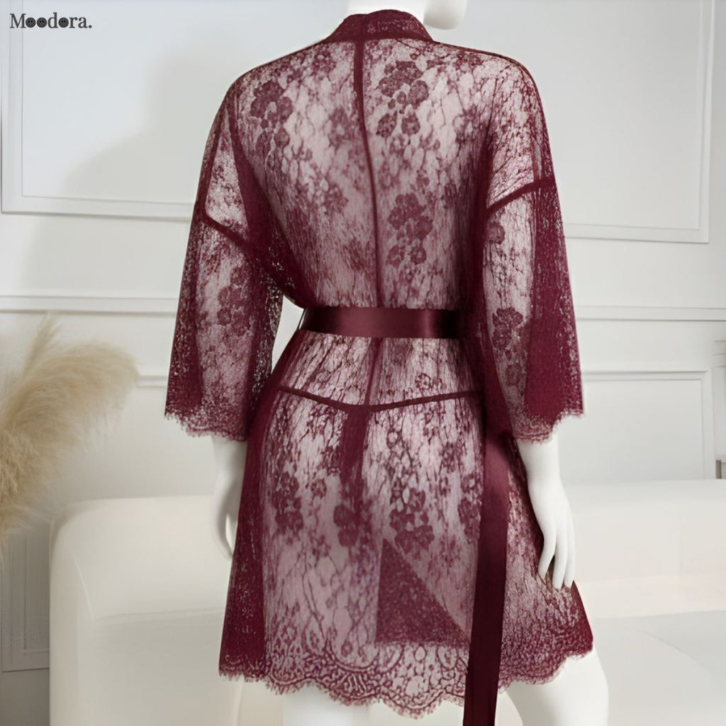 Moodora 3 Piece Lace Net Gown Set – Robe, Bra & Panty