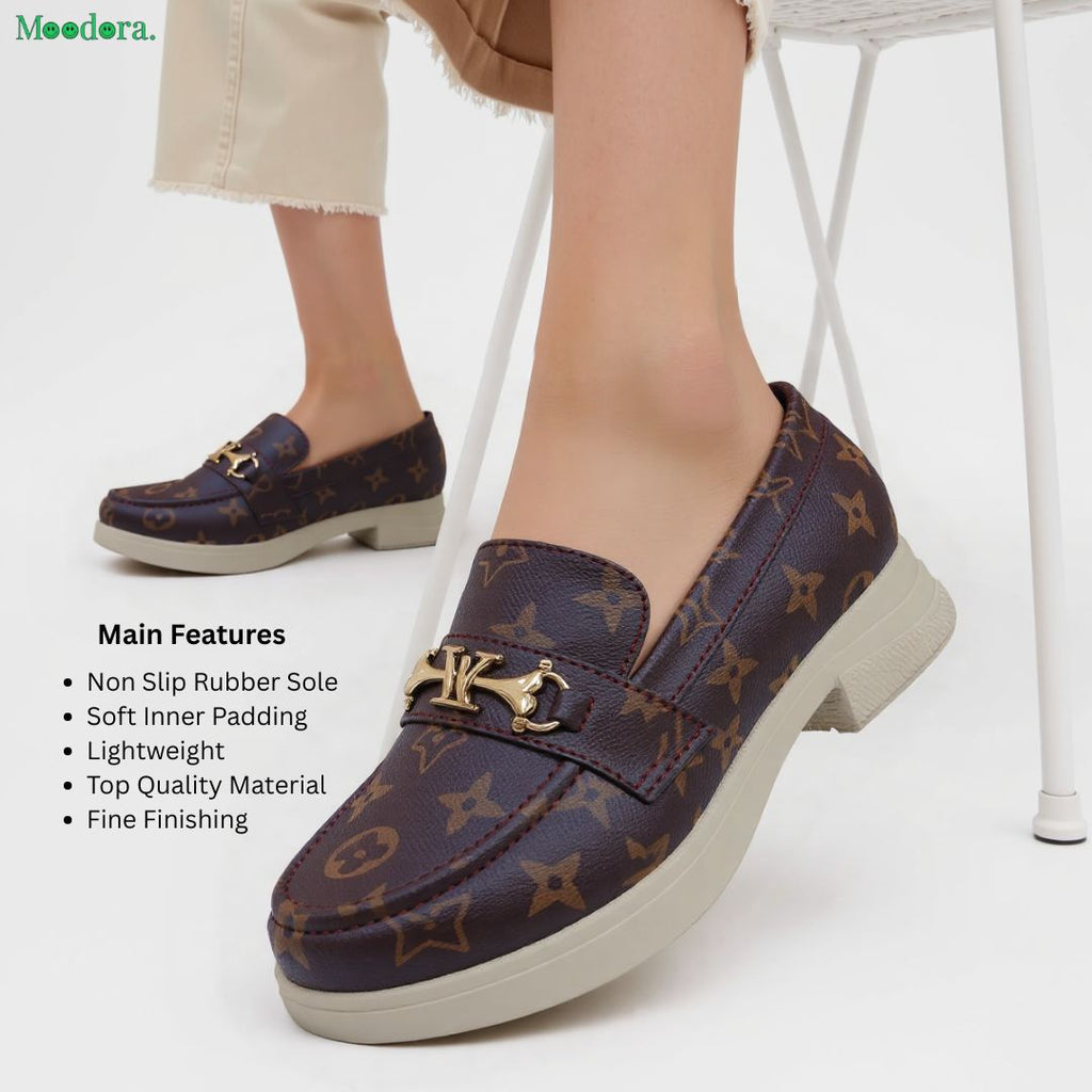 Moodora Women’s Brown Loafers with Gold Buckle | Comfortable Casual Shoes