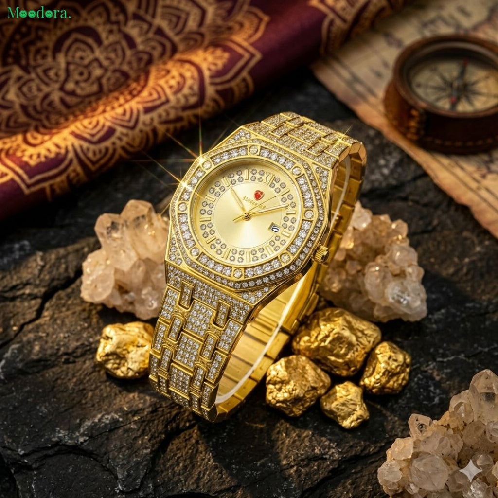 Moodora Luxury Gold Diamond Watch – Stylish Quartz Wrist Watch for Men & Women