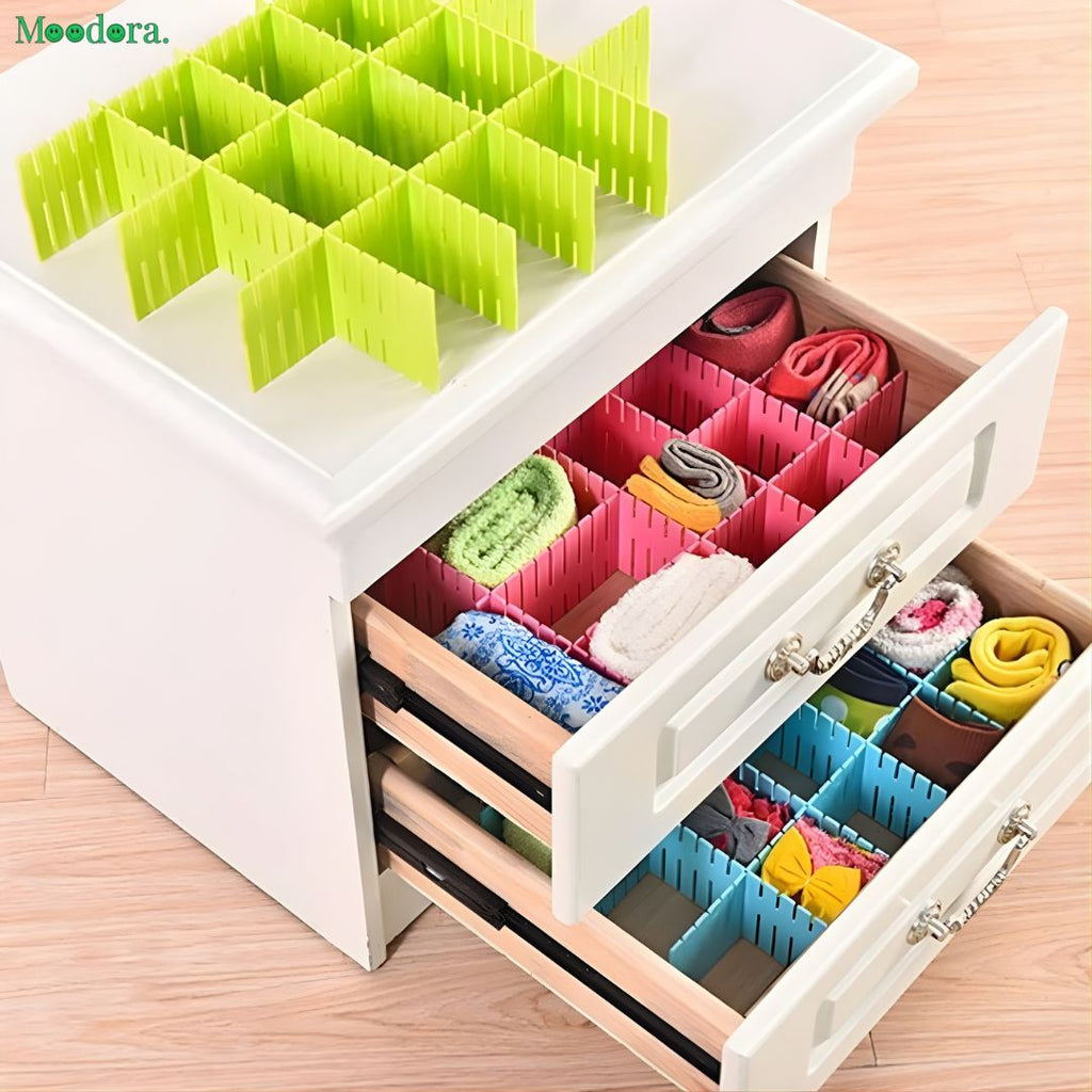 Moodora Pack of 4 Adjustable Plastic Drawer Dividers – DIY Storage Partition Organizers (Random Colors)