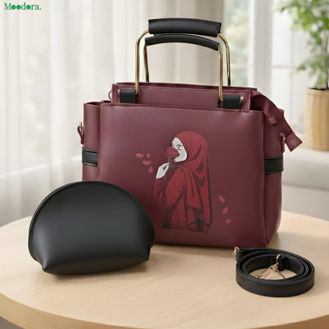 Moodora Printed Women’s Handbag Set – Tote with Strap &amp; Pouch