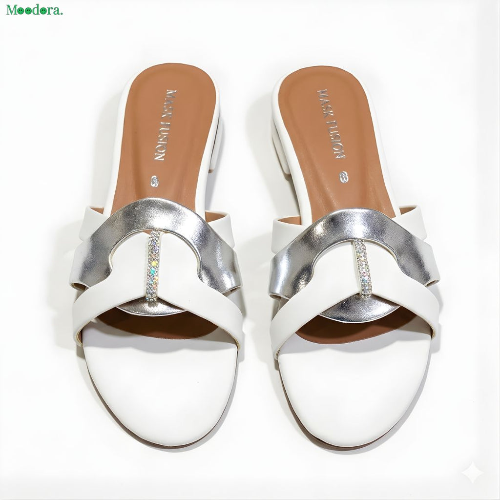 Moodora White &amp; Silver Elegant Slippers for Women – Stylish Comfort Sandals