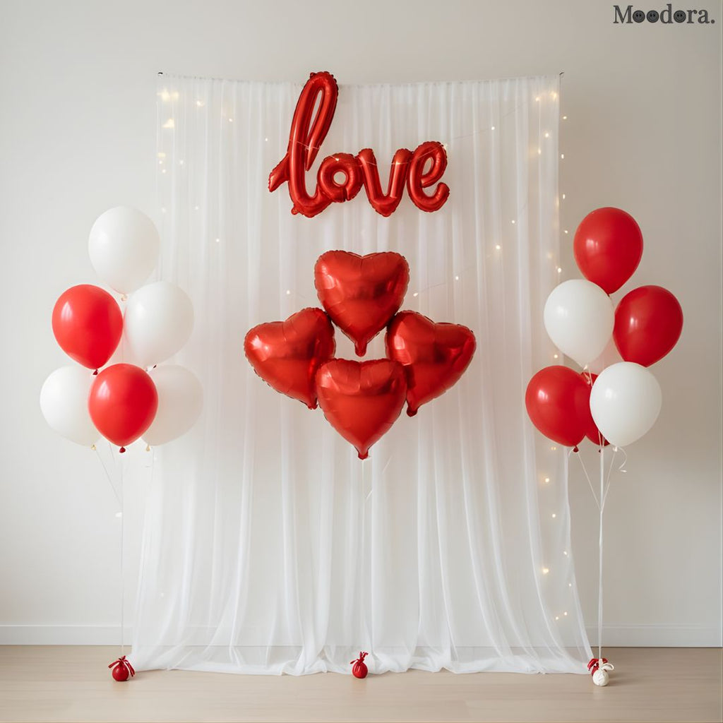 Moodora 32 PCS Romantic Tent Decoration Set – Balloons, Heart Foils & LED Lights