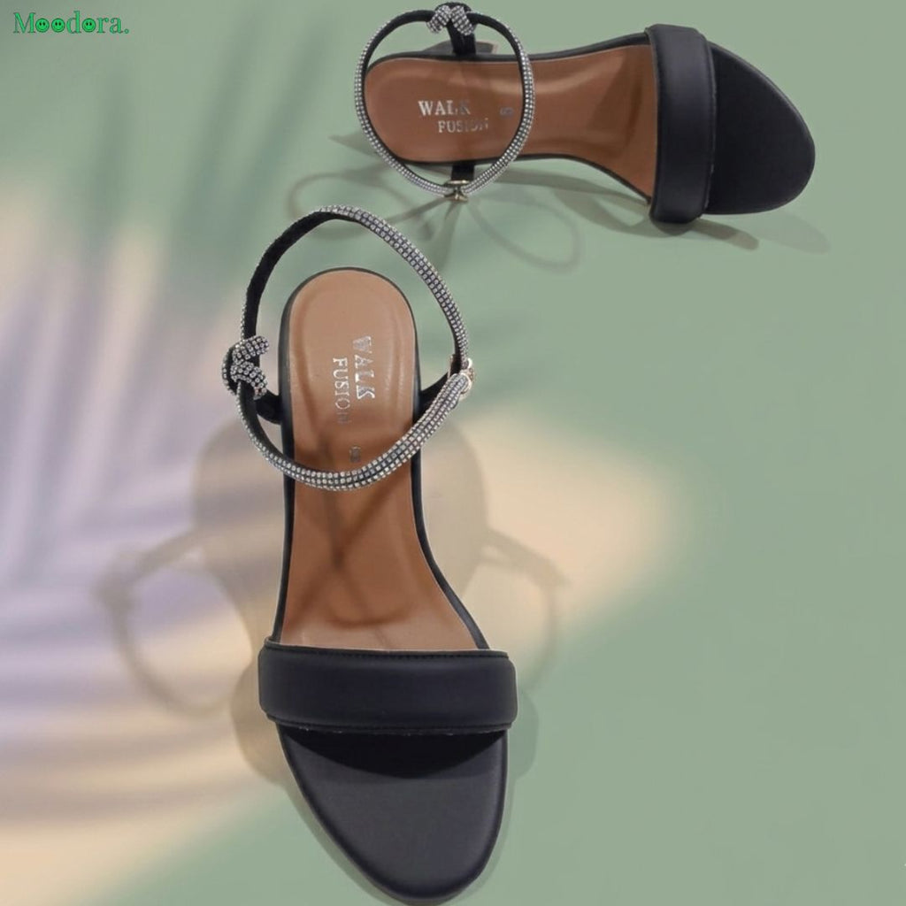 Moodora Women’s Black Rhinestone Block Heel Sandals