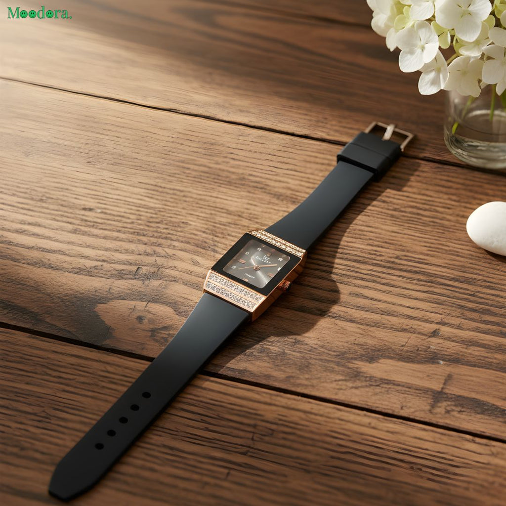 Moodora Midnight Elegance Rose Gold Watch – Crystal Rectangular Women’s Watch