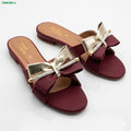 Moodora Stylish Maroon Block Heel Slip-On Slippers with Golden Bow & Rhinestones