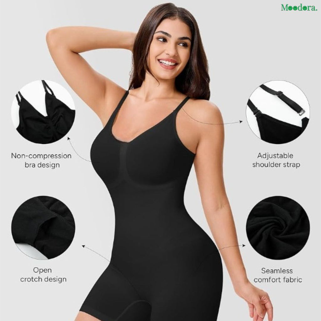 Moodora Seamless Shapewear Bodysuit – Tummy Control Mid-Thigh Body Shaper for Women