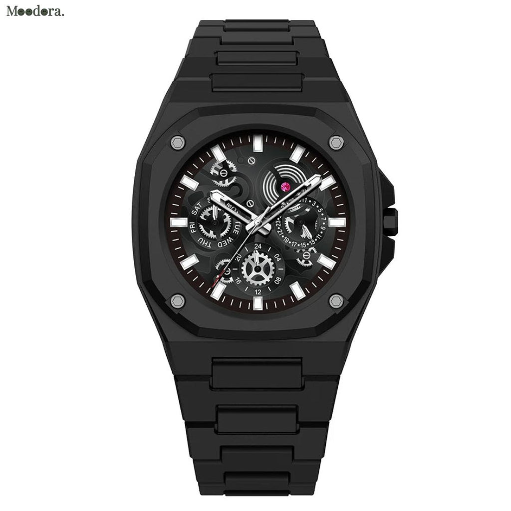 Moodora Black Stainless Steel Men’s Watch – Luxury Multi-Dial Design