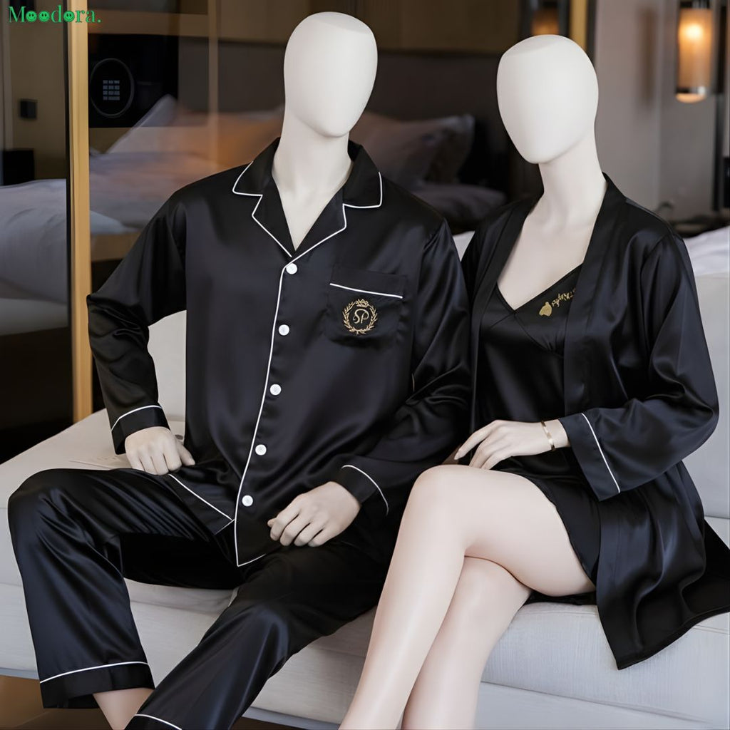 Moodora Couple Silk Sleepwear Set – Pajama & Robe (4 Pcs)