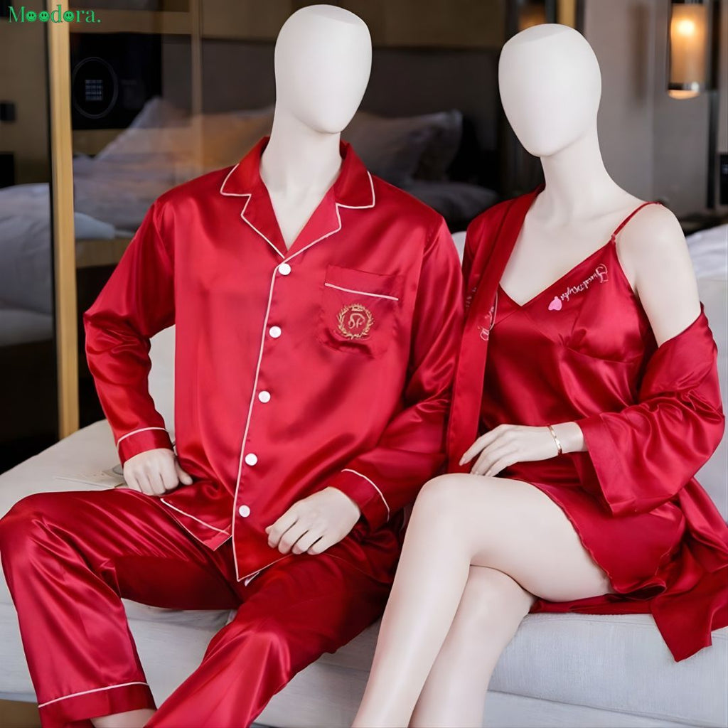 Moodora Couple Silk Sleepwear Set – Pajama & Robe (4 Pcs)