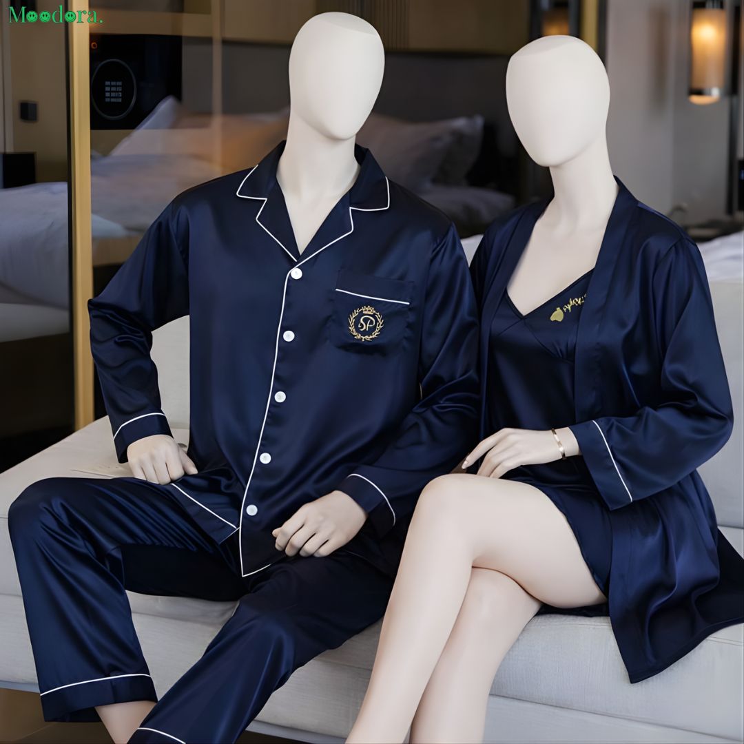 Moodora Couple Silk Sleepwear Set – Pajama & Robe (4 Pcs)