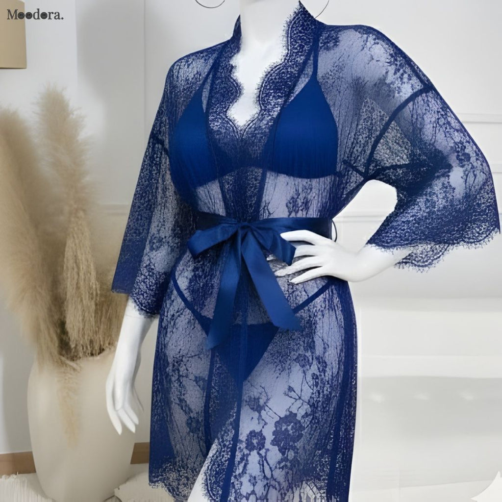Moodora 3 Piece Lace Net Gown Set – Robe, Bra & Panty