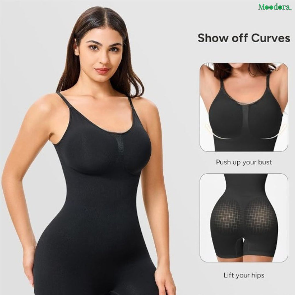 Moodora Seamless Shapewear Bodysuit – Tummy Control Mid-Thigh Body Shaper for Women