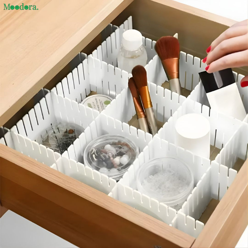 Moodora Pack of 4 Adjustable Plastic Drawer Dividers – DIY Storage Partition Organizers (Random Colors)