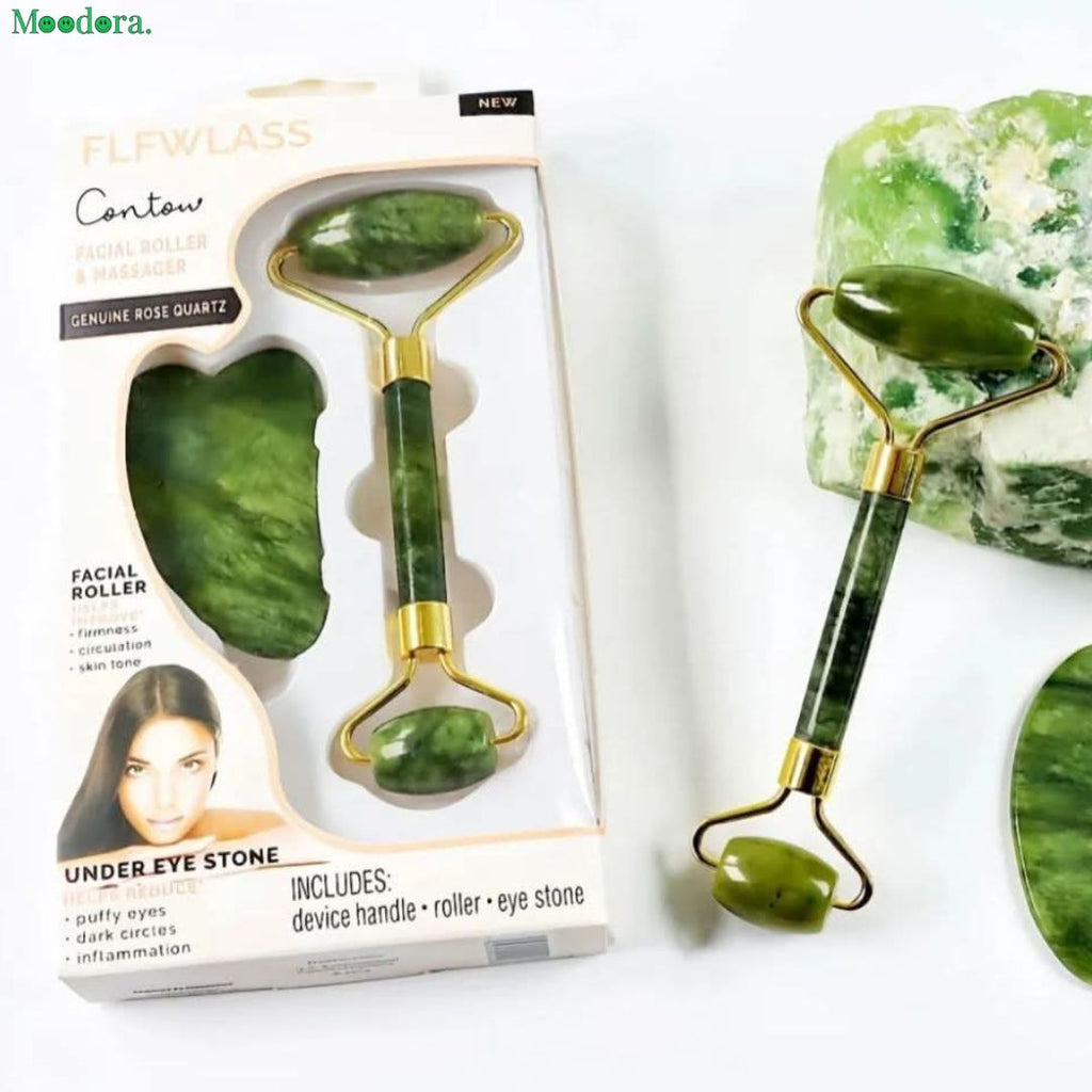 Moodora Jade Roller Facial Massager Set with Gua Sha Tool