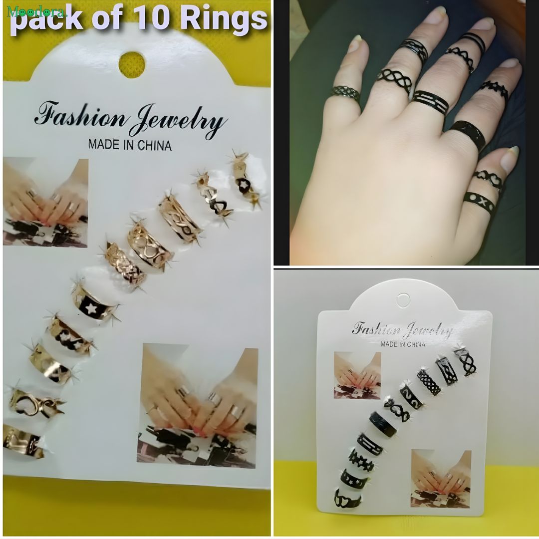 Moodora 10 Pcs Adjustable Alloy Rings – Stackable Fashion Set for Girls