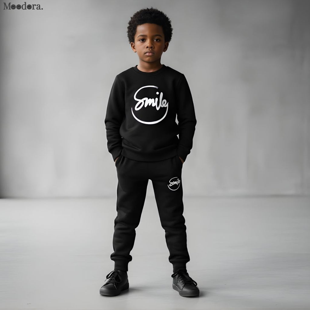 Moodora Kids SMILE Printed Black Tracksuit Set – Warm Fleece Sweatshirt & Trouser for Boys & Girls