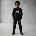 Moodora Kids SMILE Printed Black Tracksuit Set – Warm Fleece Sweatshirt & Trouser for Boys & Girls