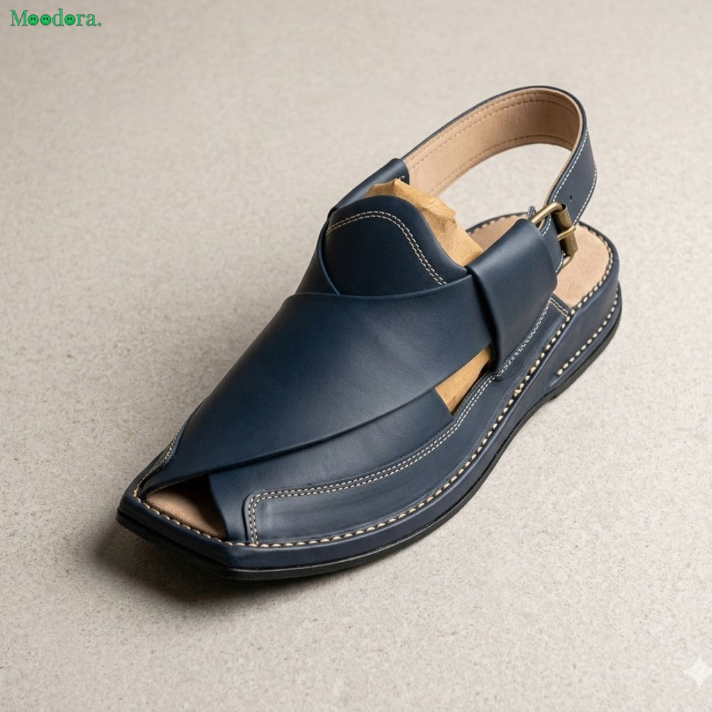 Moodora Blue Zalmi Leather Peshawari Chappal
