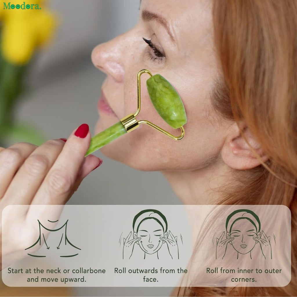 Moodora Jade Roller Facial Massager Set with Gua Sha Tool