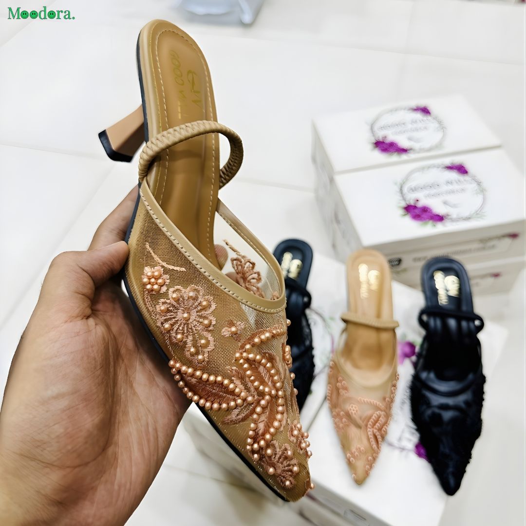 Moodora Elegant Fawn Hand-Embroidered Kitten Heels for Women