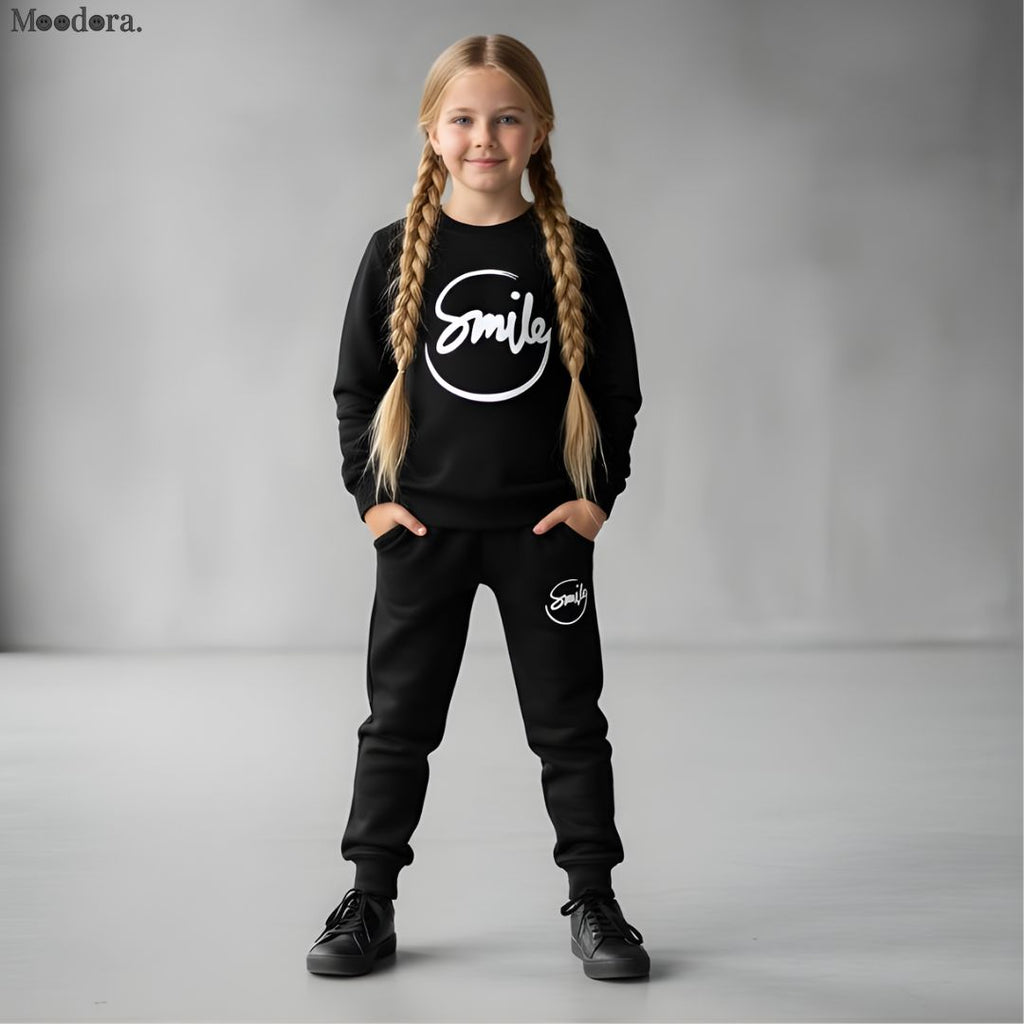 Moodora Kids SMILE Printed Black Tracksuit Set – Warm Fleece Sweatshirt & Trouser for Boys & Girls