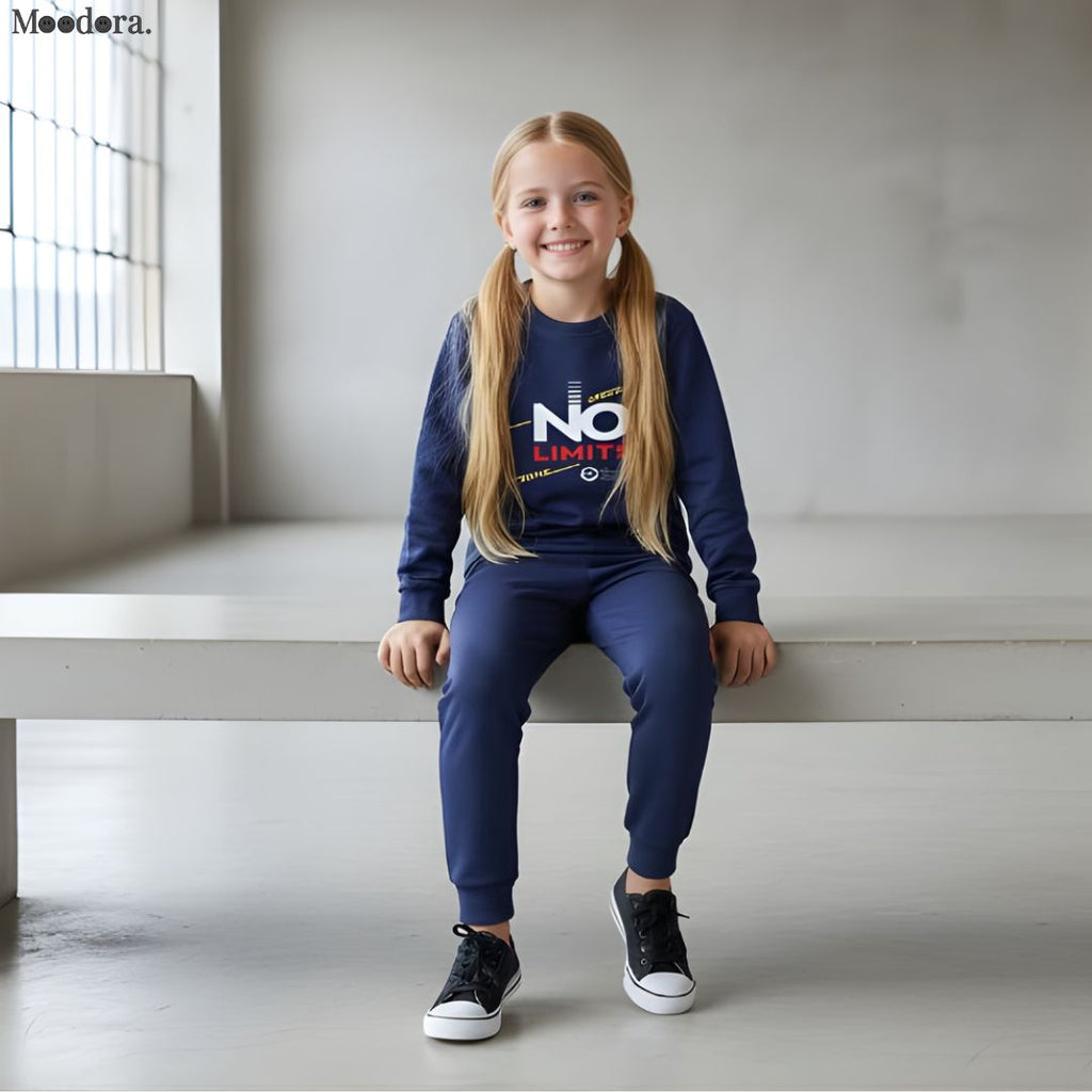 Moodora Kids Navy Blue “No Limit” Printed Fleece Tracksuit Set