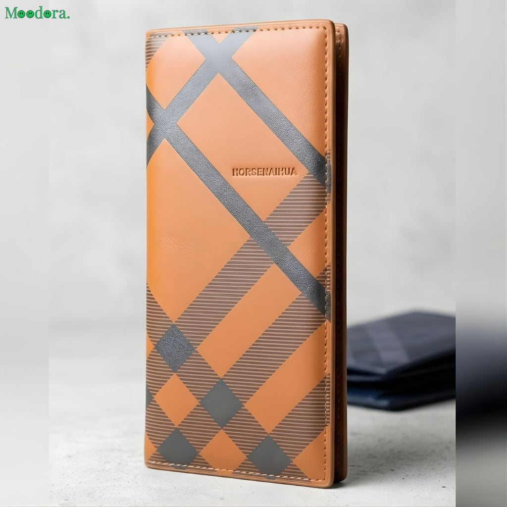 Moodora Premium Leather Long Wallet for Men – Stylish Slim Check Pattern Wallet