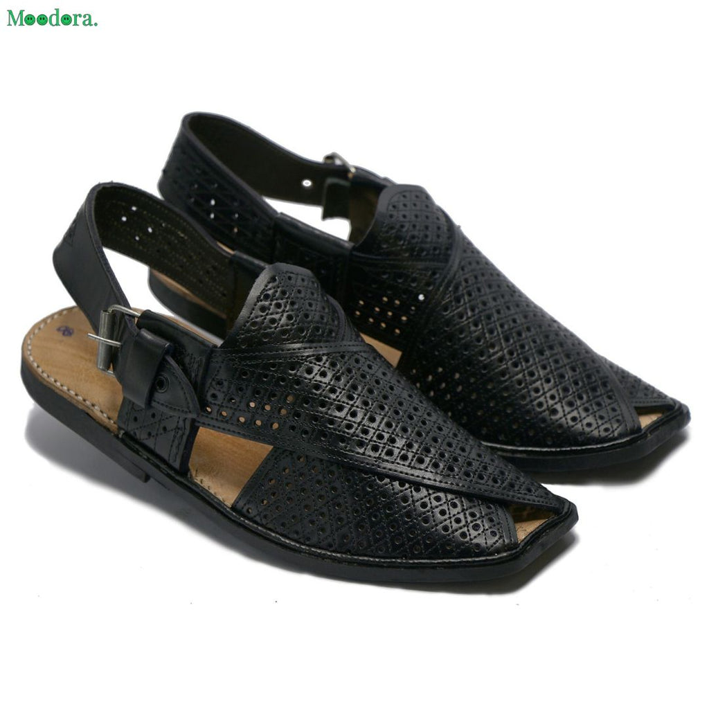 Moodora Jali Design Black Leather T-Shape Peshawari Chappal – Slim Sole Traditional Style