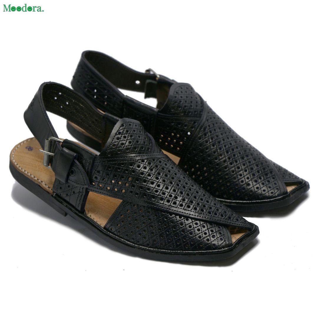 Moodora Jali Design Black Leather T-Shape Peshawari Chappal – Slim Sole Traditional Style